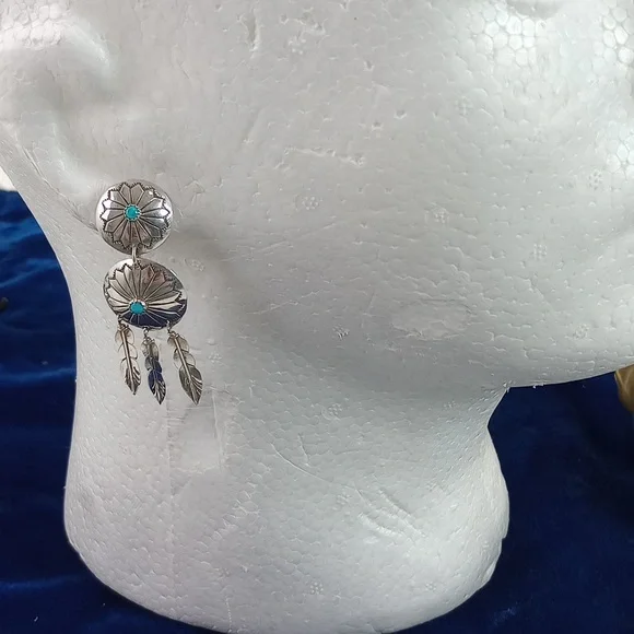 Sterling Silver and Turquoise / Feathers Dangle Earrings Native American - Picture 9 of 12